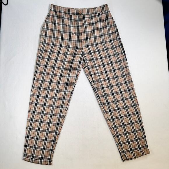 Nasty Gal Collection Pants Woman's 10 Tan Black Red Check Cuffed Legs - Picture 1 of 11